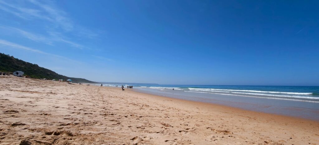 Longa praia de area en Fonte da Telha baixo un cantil fósil verde, con paseantes xunto á beira
